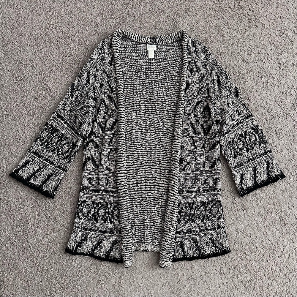 Chico's Womens 1 (M/8) Black Beige Patterned Open Front Cardigan